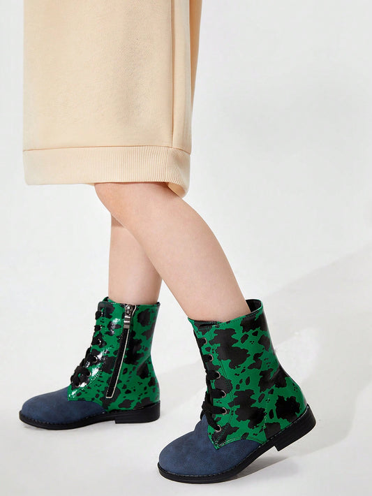 Green Comfortable And Wear-resistant Leopard Print Boots With Patchwork