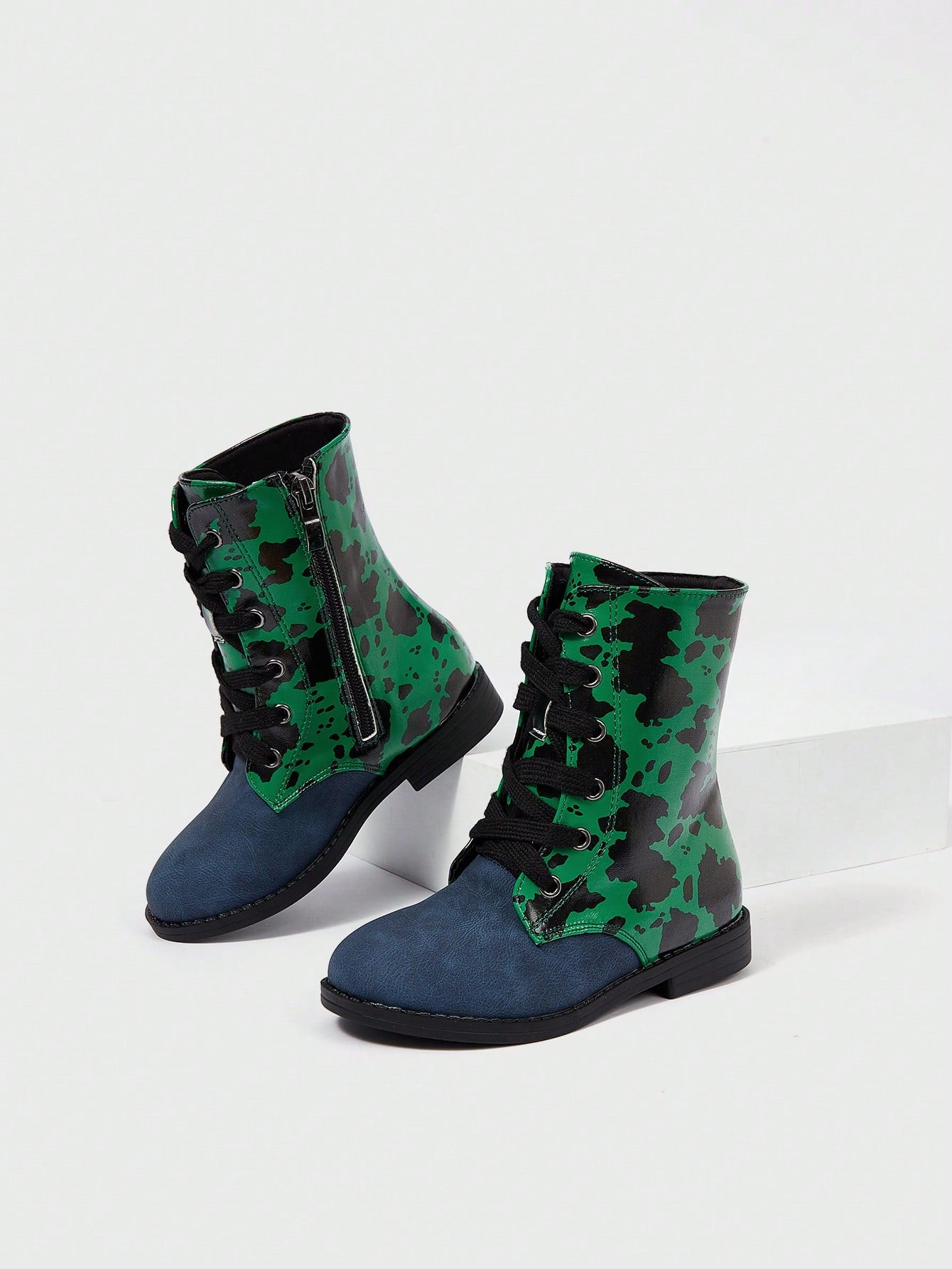 Green Comfortable And Wear-resistant Leopard Print Boots With Patchwork
