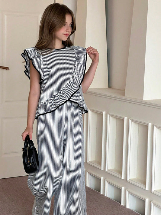 Tween Girls' Striped Ruffle Trim Tank Top And Straight Leg Pants Set