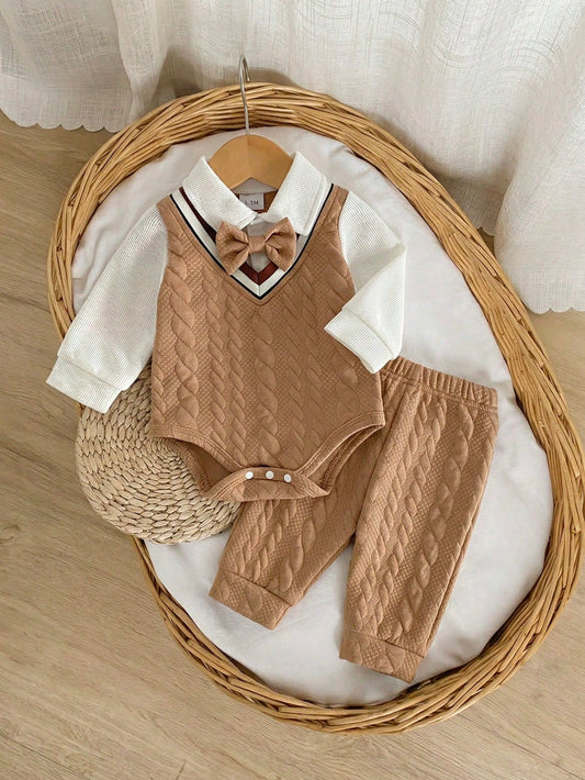 Texture Vest With White Collar, Matching Solid Color Necktie, Long Sleeve Bodysuit