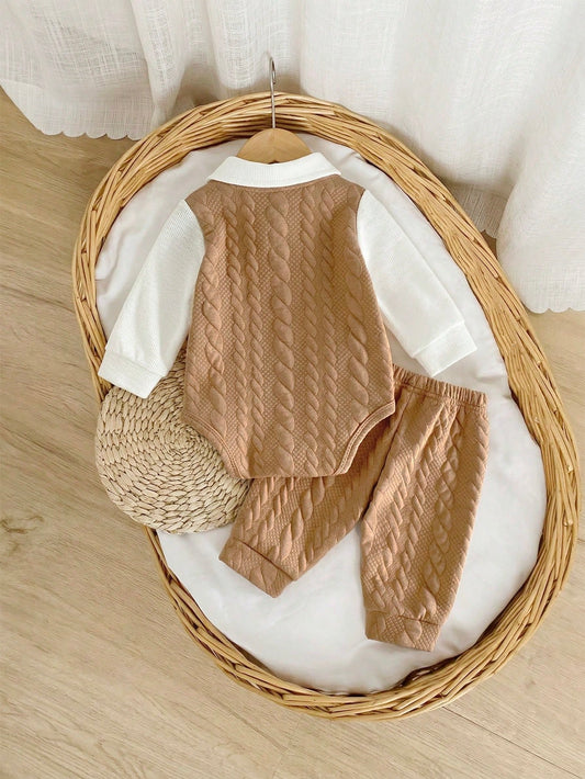 Texture Vest With White Collar, Matching Solid Color Necktie, Long Sleeve Bodysuit