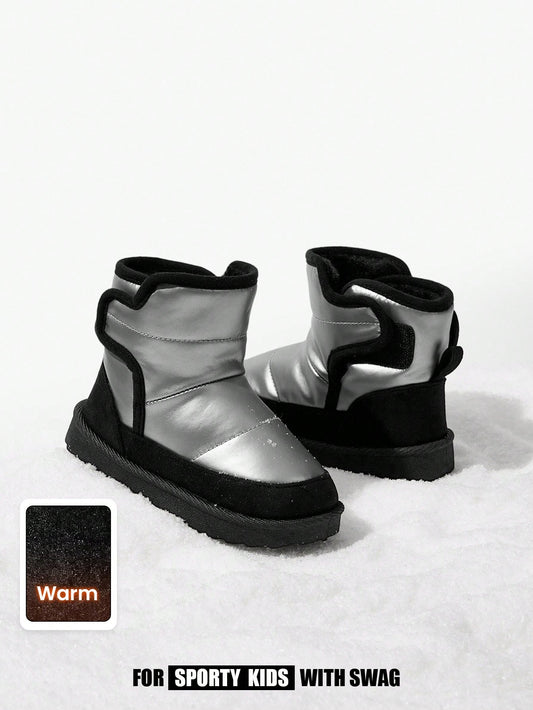 Black & Grey Hook And Loop Flat Fashionable Casual Warm Fleece Snow Boots