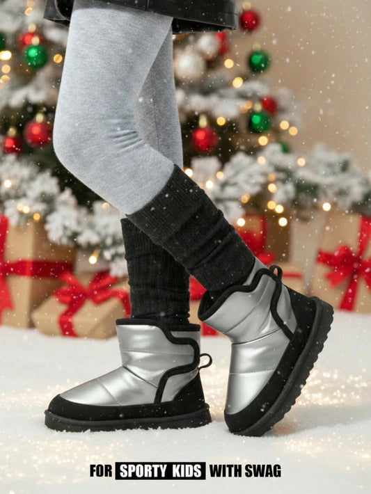 Black & Grey Hook And Loop Flat Fashionable Casual Warm Fleece Snow Boots