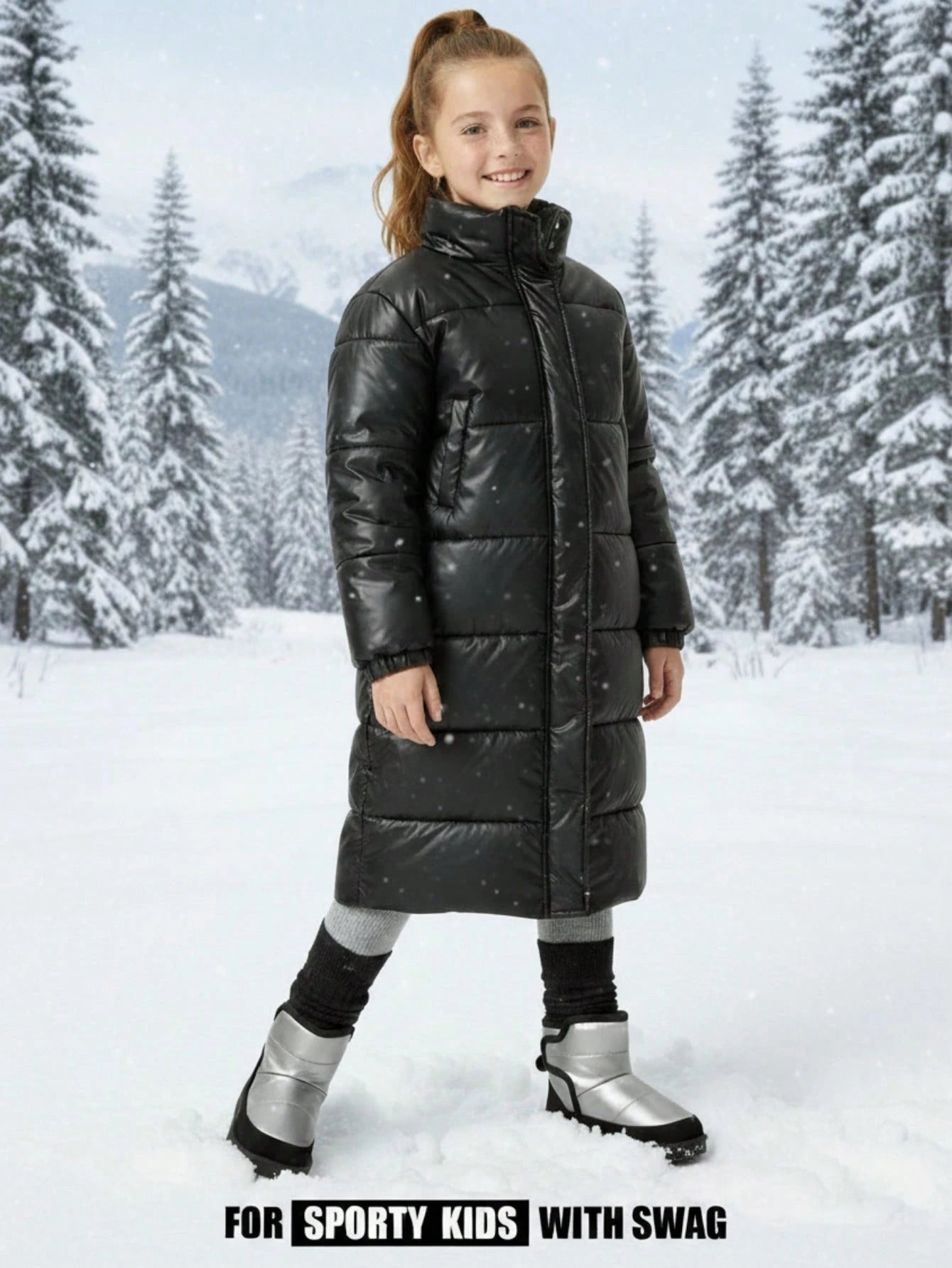 Black & Grey Hook And Loop Flat Fashionable Casual Warm Fleece Snow Boots