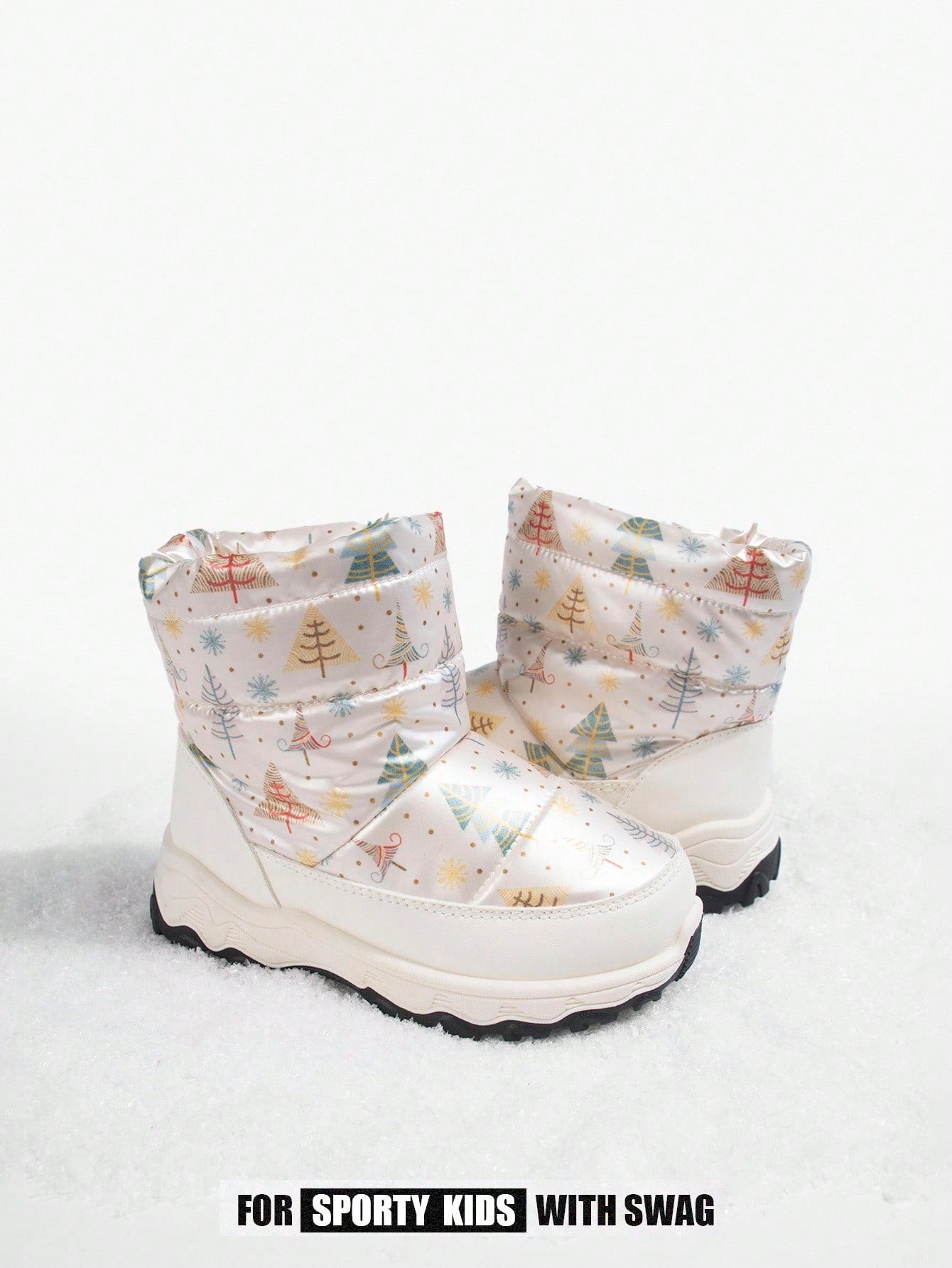 Cartoon Tree Pattern Thermal Lined Ankle Snow Boots Beige