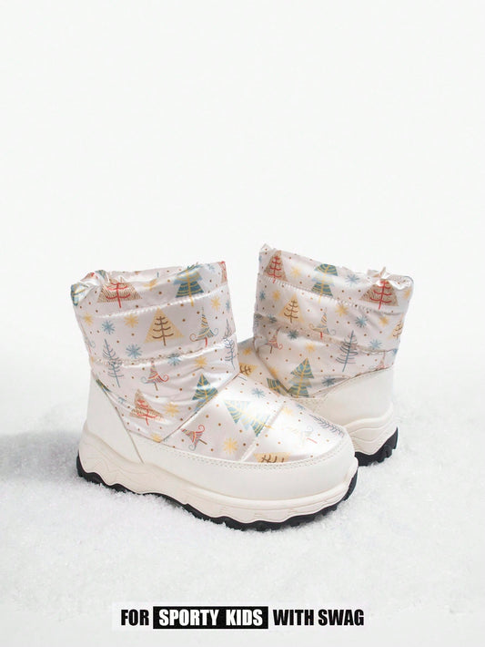 Cartoon Tree Pattern Thermal Lined Ankle Snow Boots Beige