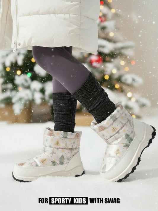 Cartoon Tree Pattern Thermal Lined Ankle Snow Boots