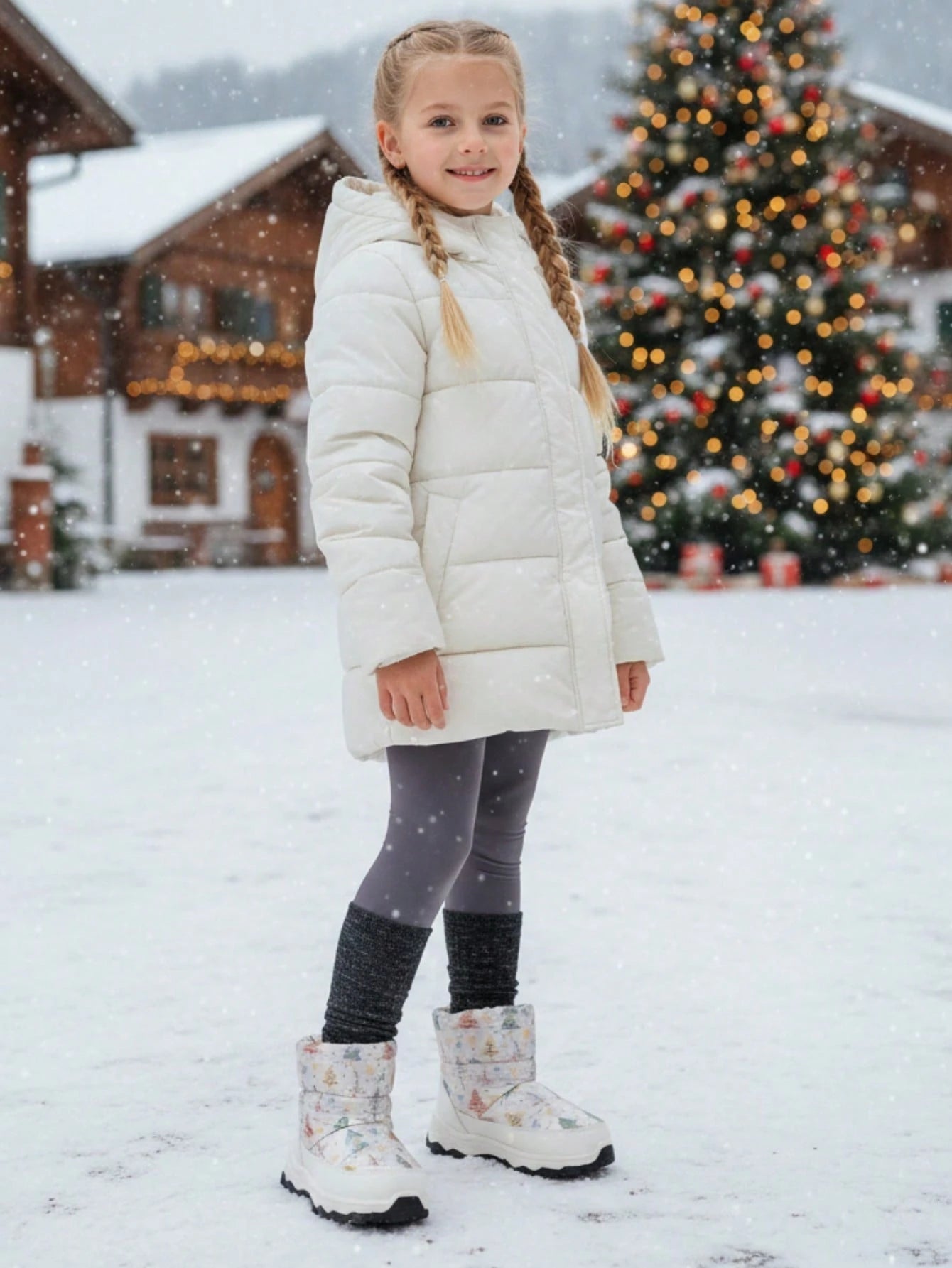 Cartoon Tree Pattern Thermal Lined Ankle Snow Boots