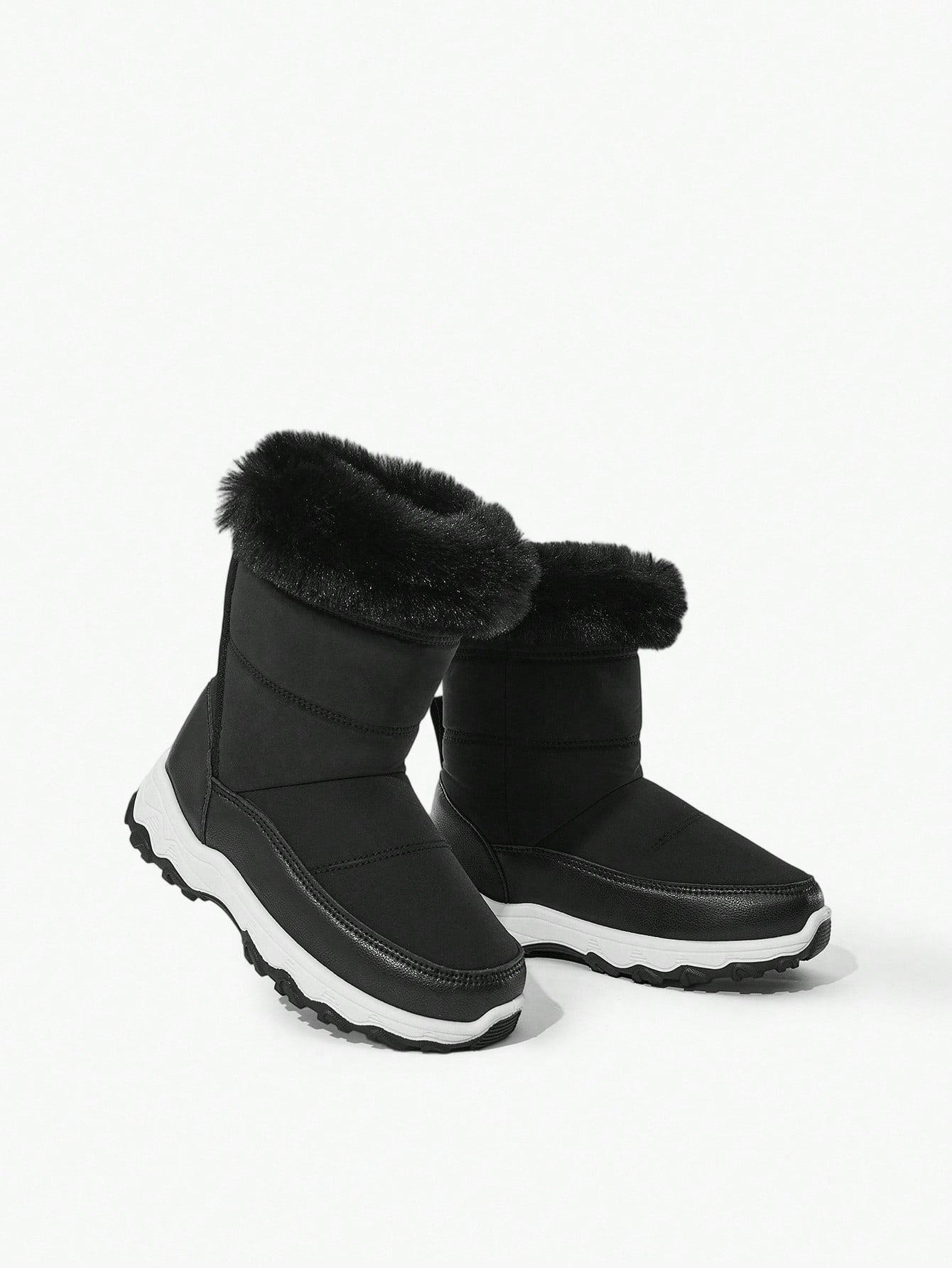 Black Plush Fashion Hook And Loop Closure Warm Snow Boots