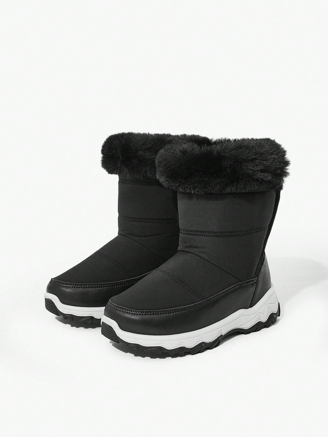 Black Plush Fashion Hook And Loop Closure Warm Snow Boots