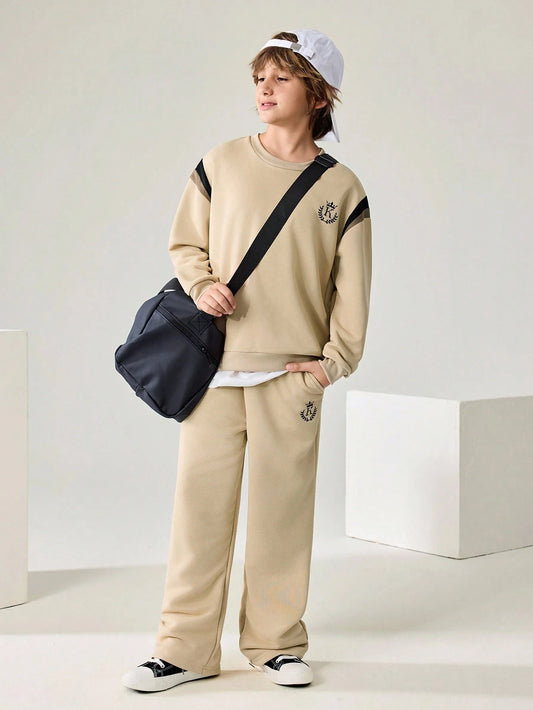 Patchwork Contrast Color Print Long Sleeve Crew Neck Sweatshirt And Elastic Waist Sweatpants Khaki
