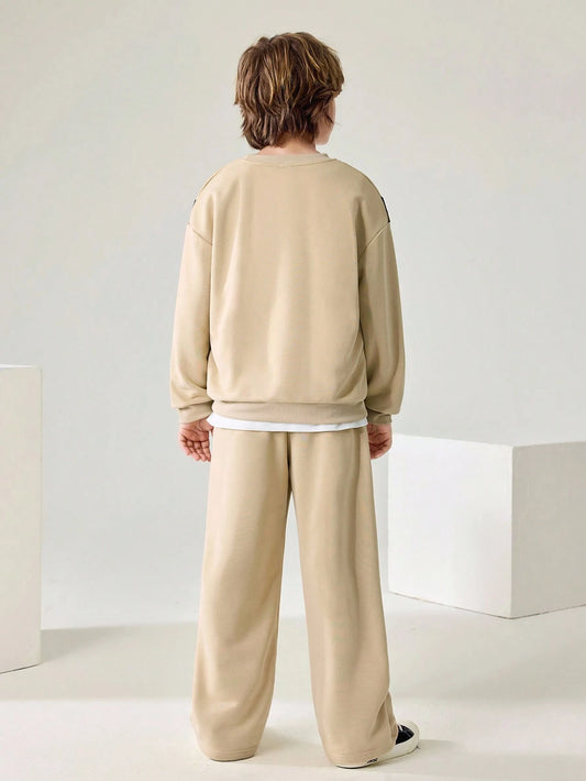 Patchwork Contrast Color Print Long Sleeve Crew Neck Sweatshirt And Elastic Waist Sweatpants