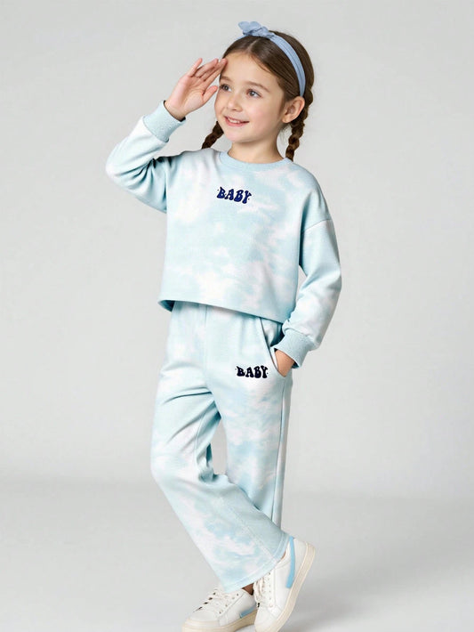Young Girl Tie-Dye Print Long Sleeve Sweatshirt Top And Sweatpants Set Baby Blue