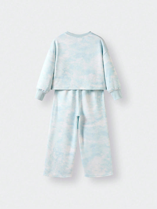 Young Girl Tie-Dye Print Long Sleeve Sweatshirt Top And Sweatpants Set