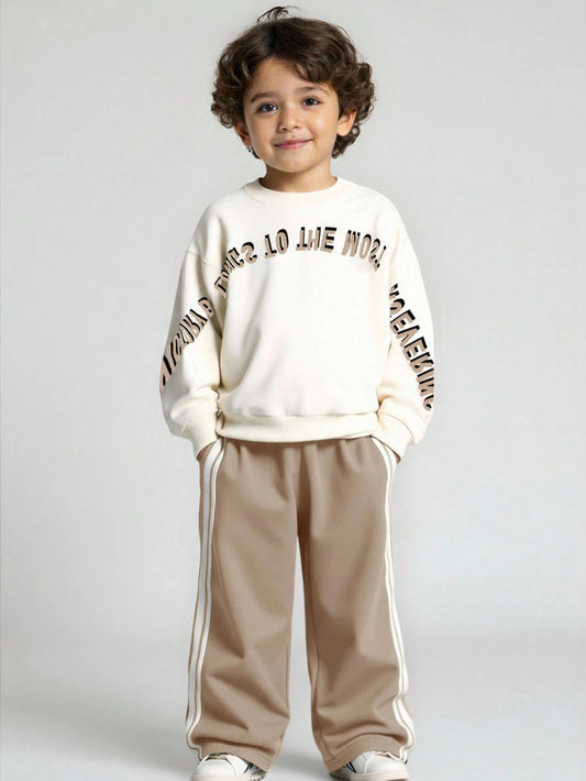 Mummy & Mee Young Boy Letter Print Round Neck Drop Shoulder Long Sleeve Sweatshirt And Sweatpants Casual Suit 4Y