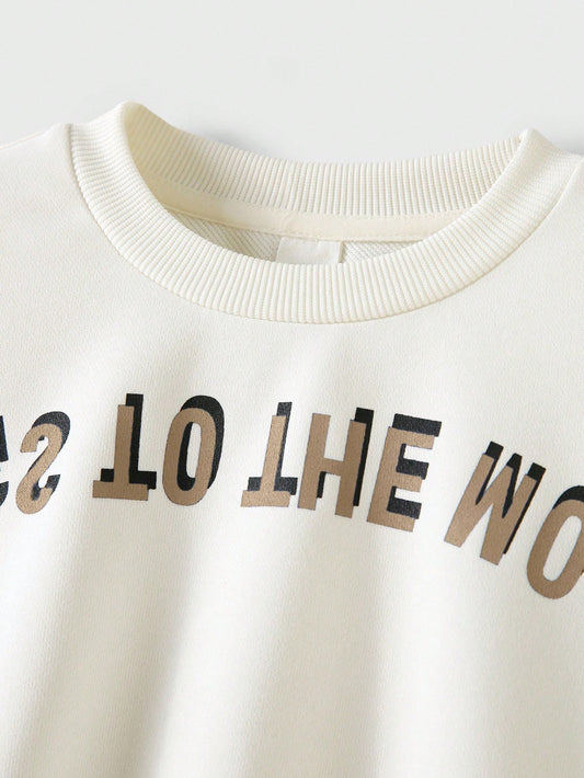 Mummy & Mee Young Boy Letter Print Round Neck Drop Shoulder Long Sleeve Sweatshirt And Sweatpants Casual Suit