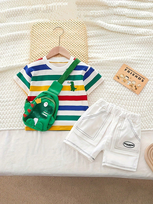 Embroidery Dinosaur Pattern Stripe Short Sleeve Top And Shorts Set With Dinosaur Backpack