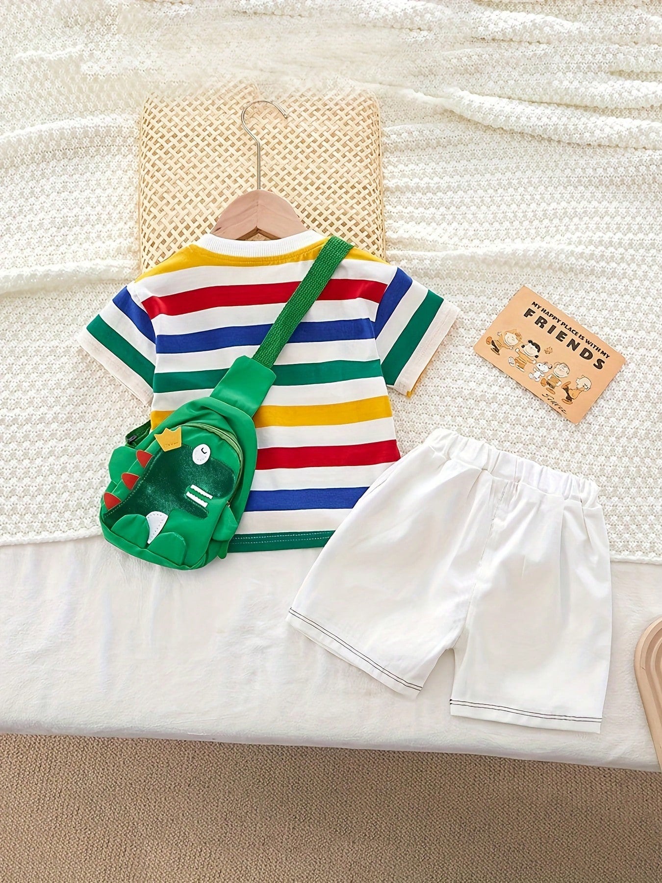 Kids Embroidery Dinosaur Pattern Top And Shorts Set With Dinosaur Backpack