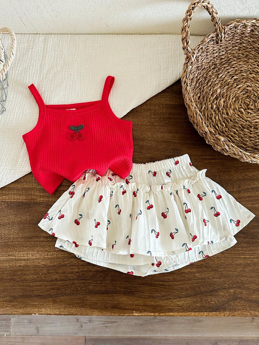 2pcs Solid Color Cherry Embroidery Camisole And Woven Shorts Set