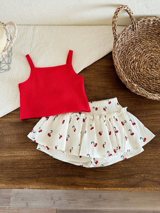2pcs Solid Color Cherry Embroidery Camisole And Woven Shorts Set