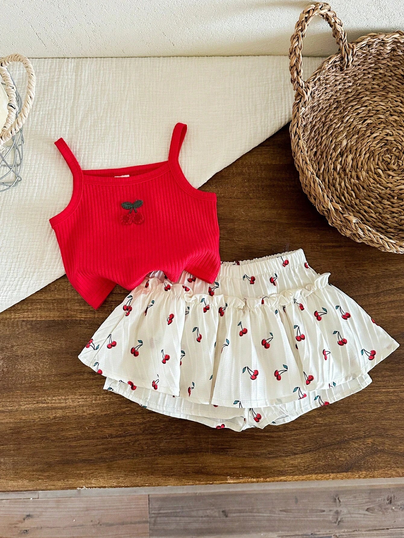 2pcs Solid Color Cherry Embroidery Camisole And Woven Shorts Set