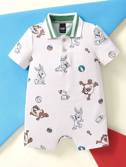 Baby Boy Cartoon Milk Bottle & Ball Print Polo Collar Casual Comfortable Short Sleeve Romper