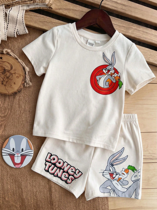 Baby Boy Cartoon Pattern Print Round Neck Short Sleeve T-Shirt And Casual Shorts Set