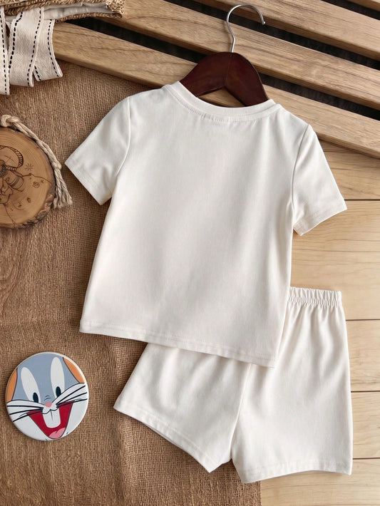 Baby Boy Cartoon Pattern Print Round Neck Short Sleeve T-Shirt And Casual Shorts Set