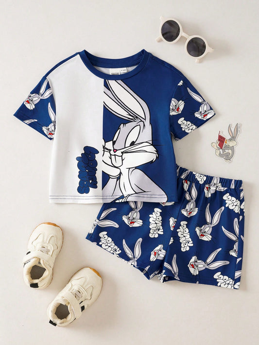 Baby Boy Colorblock Round Neck Short Sleeve Cute Print Pajamas, Summer
