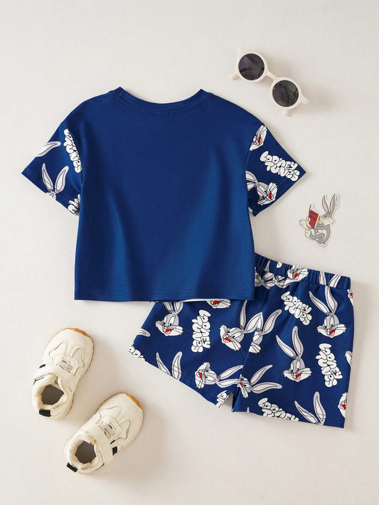 Baby Boy Colorblock Round Neck Short Sleeve Cute Print Pajamas, Summer