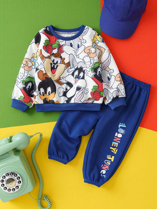 LOONEY TUNES X SHEIN Baby Boy Cool Cartoon Animal Print Color Block Loose Sweatshirt & Sweatpants Set