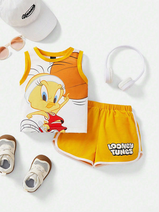 Baby Boy Cool Casual Sporty Cartoon Tweety Printed Tank Top And Shorts