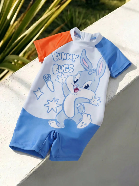 Baby Boy Summer Cartoon Letter Print Contrast Color Raglan Short Sleeve Romper
