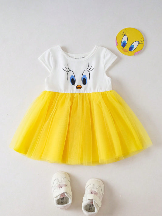 Mummy & Mee Baby Girl Fun Casual Style Round Neck Short Sleeve Contrast Mesh Dress
