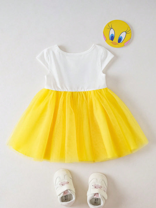 Mummy & Mee Baby Girl Fun Casual Style Round Neck Short Sleeve Contrast Mesh Dress
