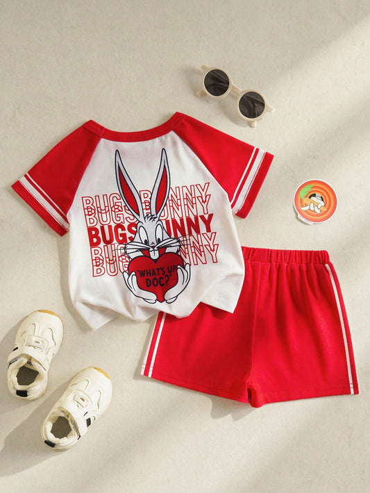 Baby Girl Letter & Cartoon Print Color Block Round Neck Short Sleeve T-Shirt And Shorts Outfit