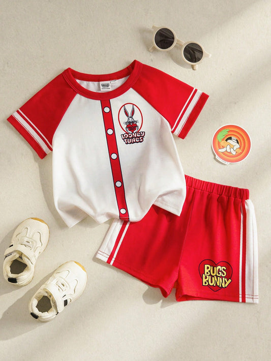 Baby Girl Letter & Cartoon Print Color Block Round Neck Short Sleeve T-Shirt And Shorts Outfit
