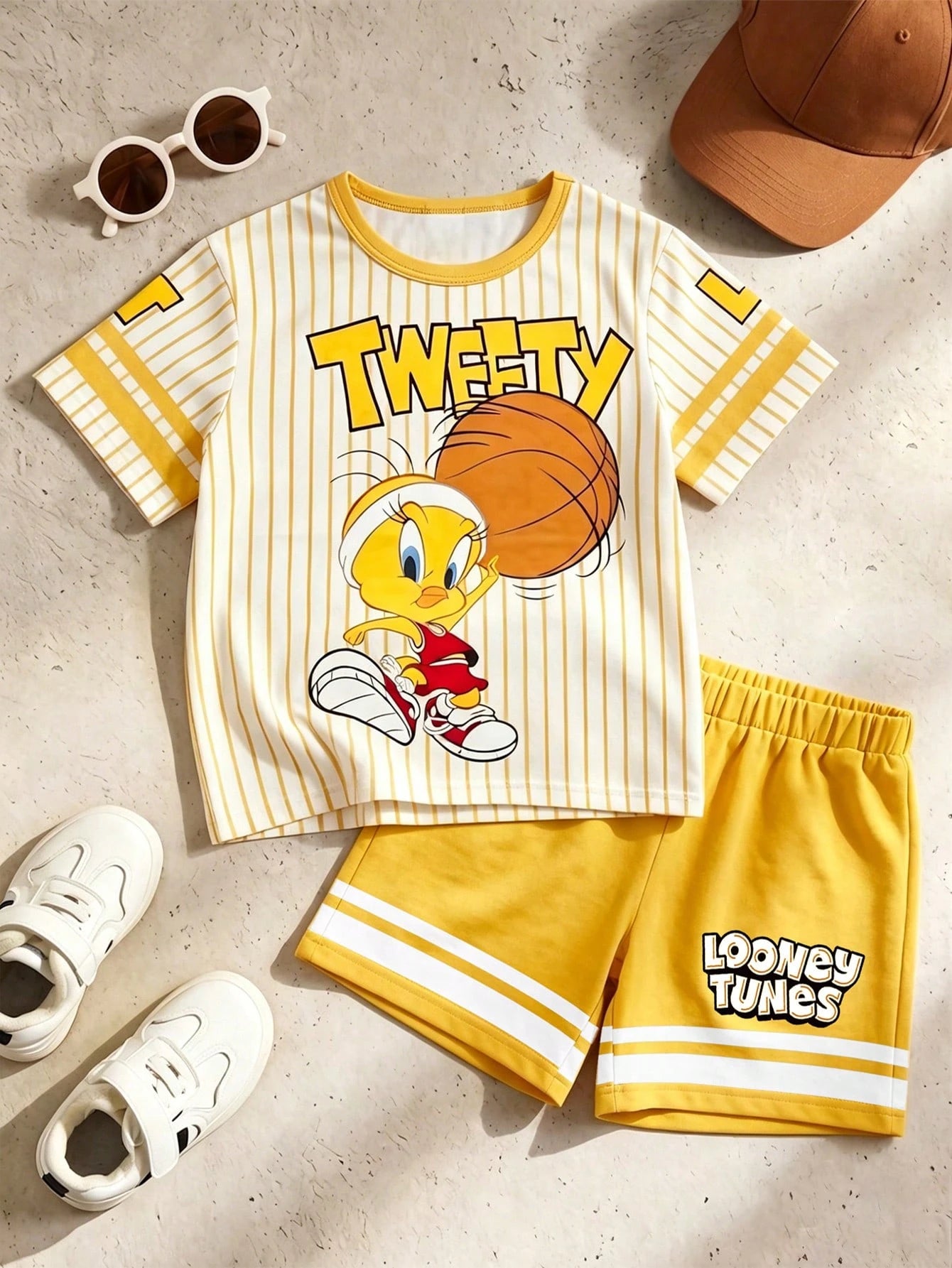 Cartoon Striped Print Short Sleeve T-Shirt And Shorts Set