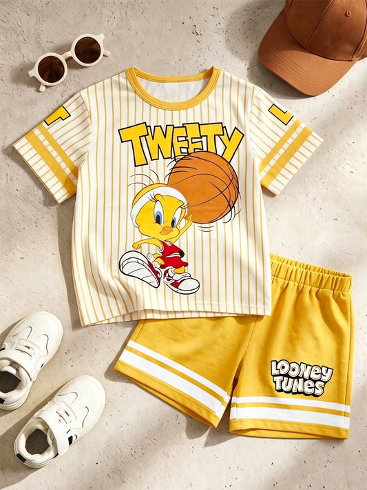 Cartoon Striped Print Short Sleeve T-Shirt And Shorts Set