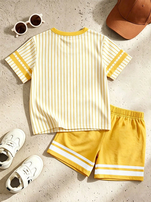 Cartoon Striped Print Short Sleeve T-Shirt And Shorts Set