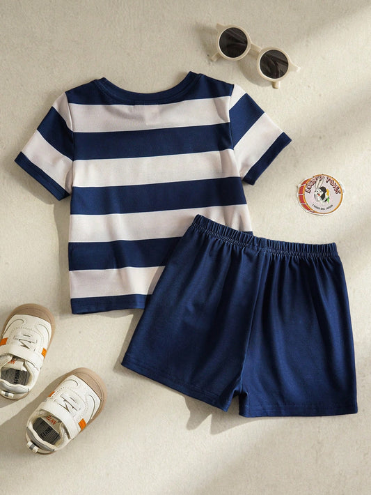 Toddler Boys' Cartoon Print Short Sleeve Top And Shorts Set
