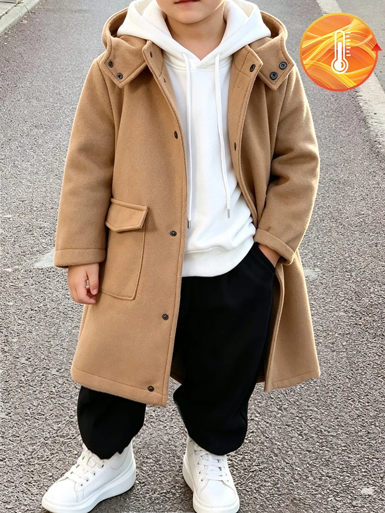 Little Boys Wool Overcoat Hooded Cargo Pocket Camel Mid Length