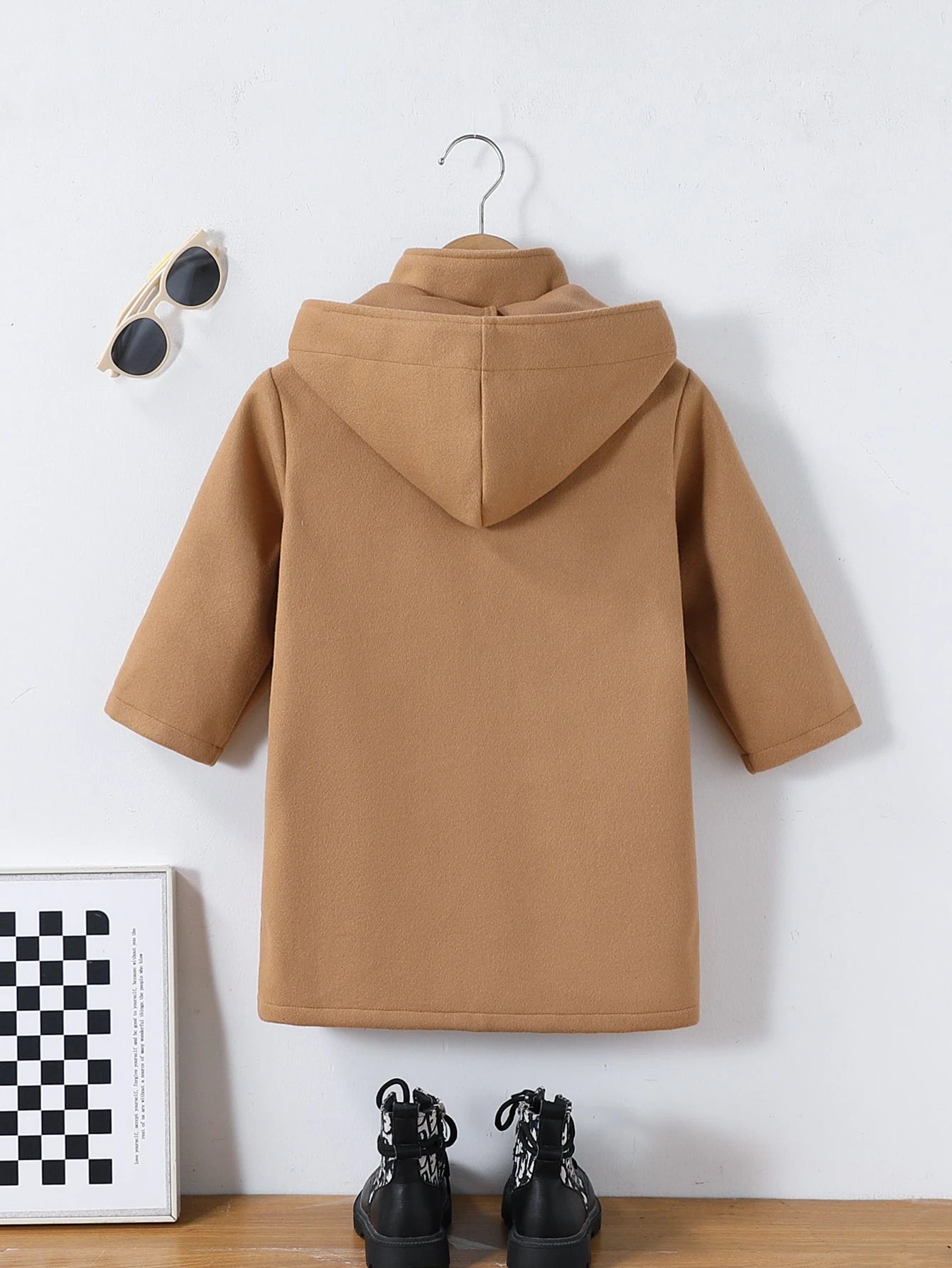 Little Boys Wool Overcoat Hooded Cargo Pocket Camel Mid Length