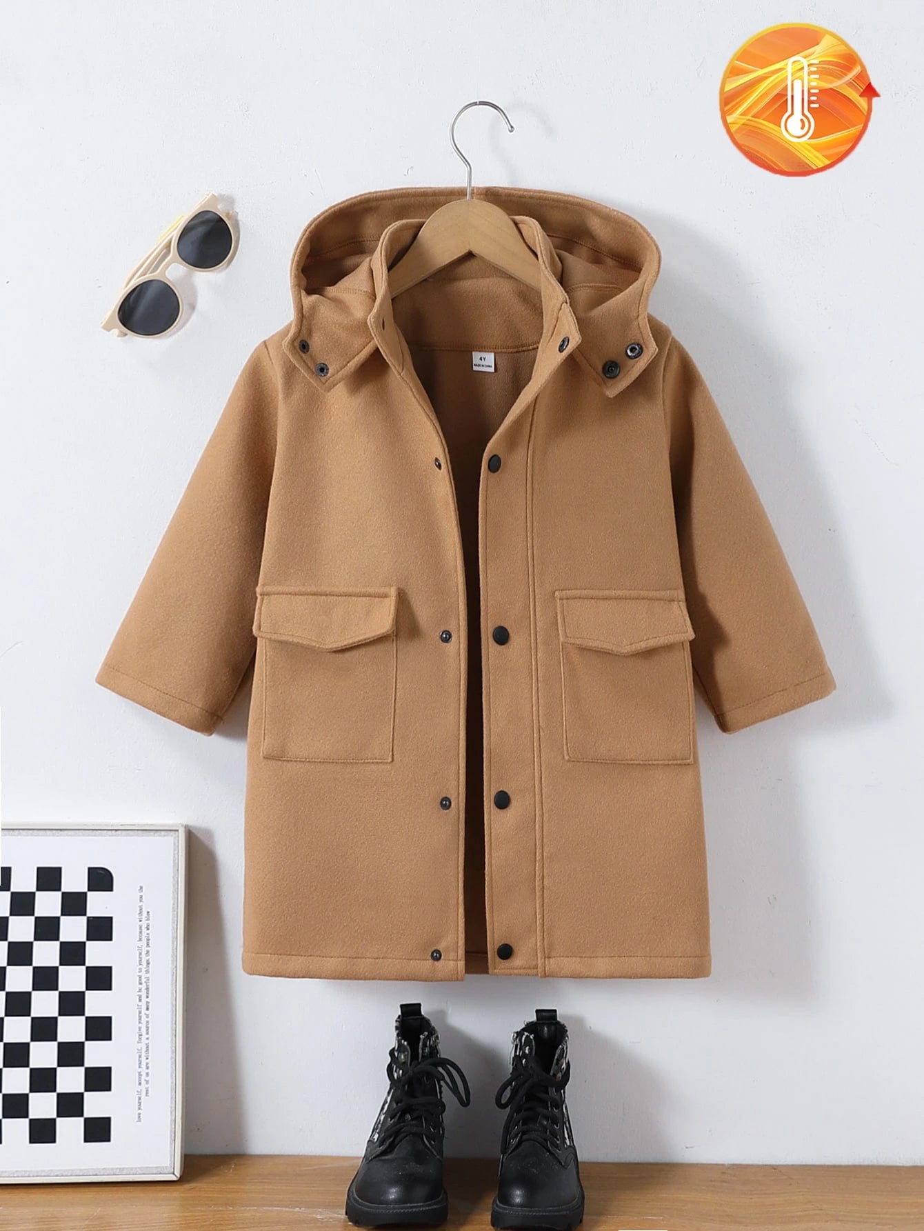 Little Boys Wool Overcoat Hooded Cargo Pocket Camel Mid Length
