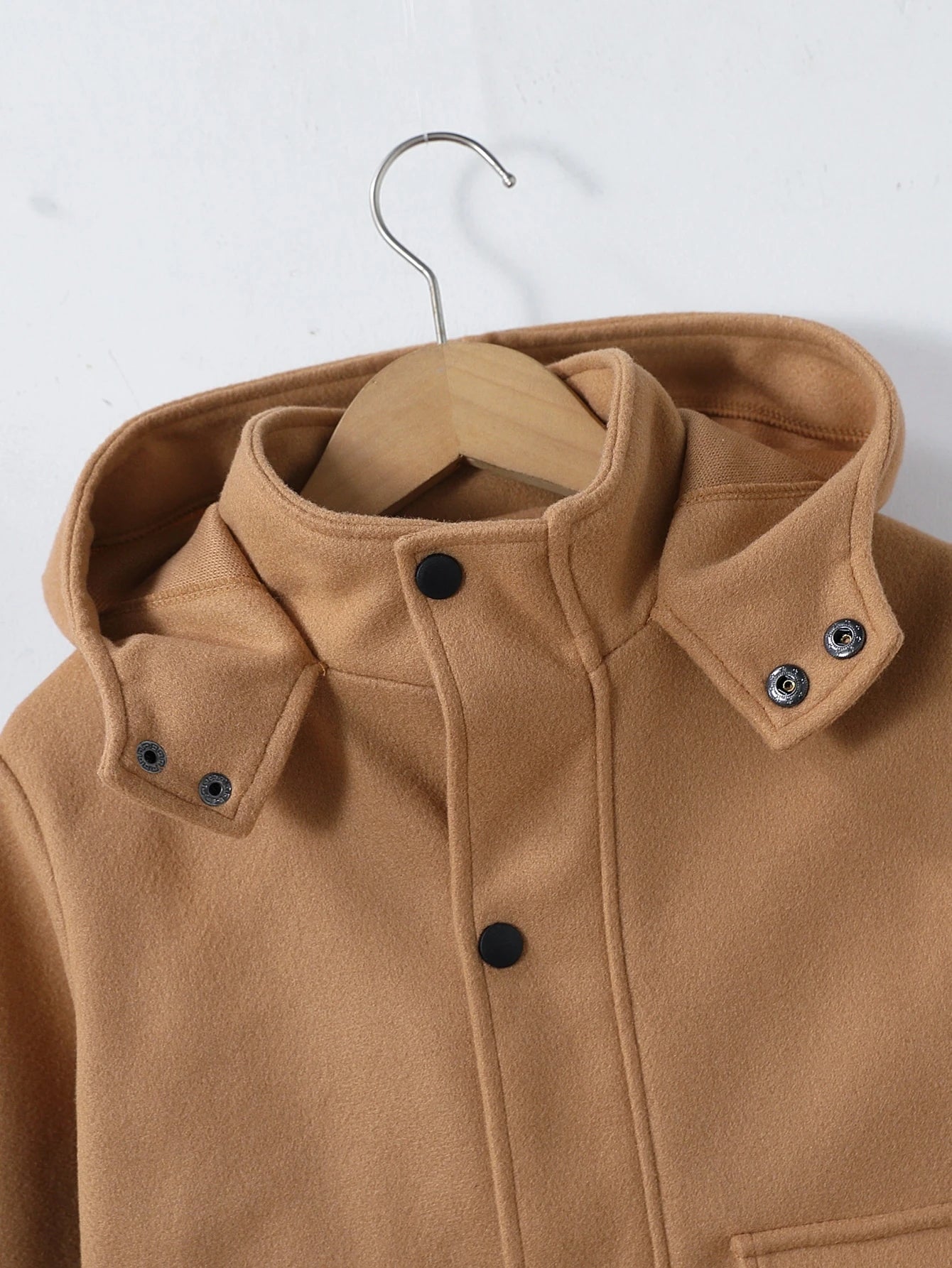 Little Boys Wool Overcoat Hooded Cargo Pocket Camel Mid Length