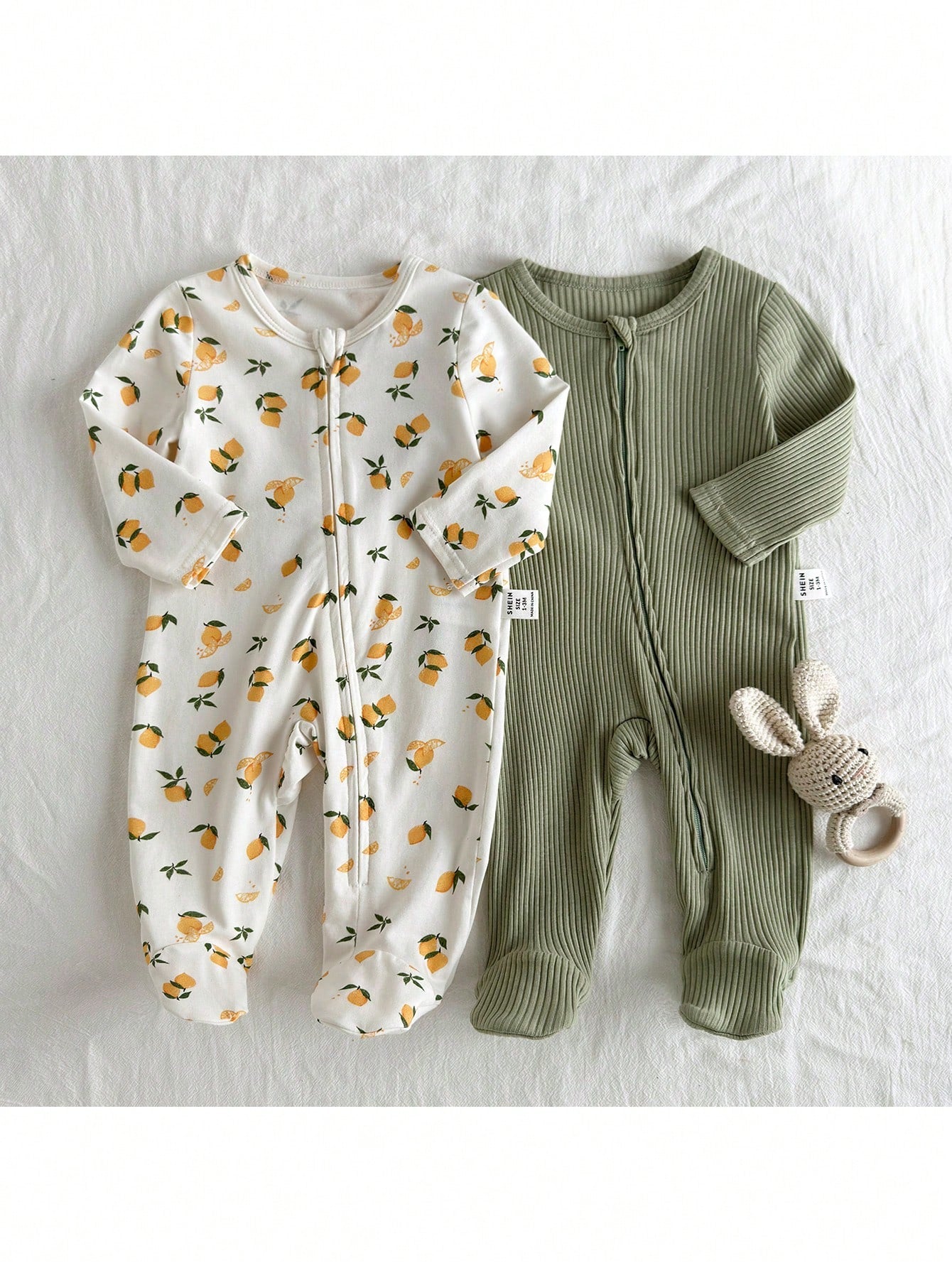 Loomiva Newborn Baby Lemon Print Solid Color Soft Knit Crew Neck Long Sleeve Jumpsuit And Pants Multicolor