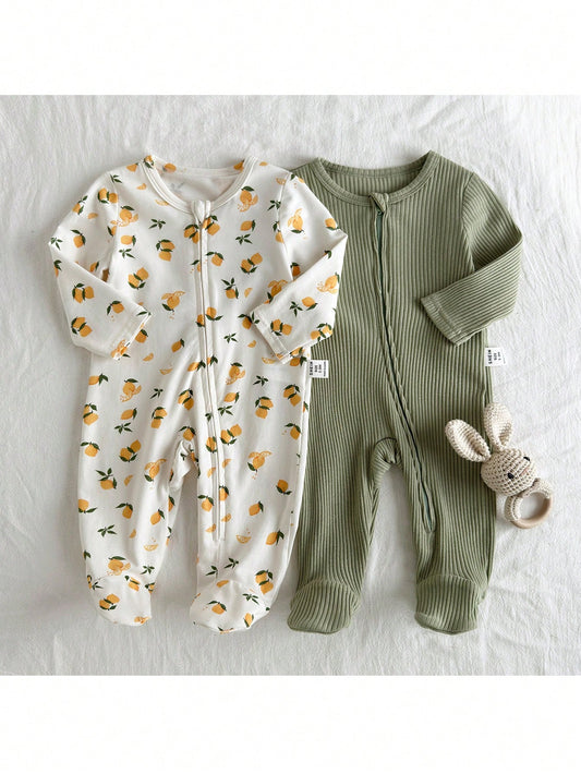 Loomiva Newborn Baby Lemon Print Solid Color Soft Knit Crew Neck Long Sleeve Jumpsuit And Pants Multicolor