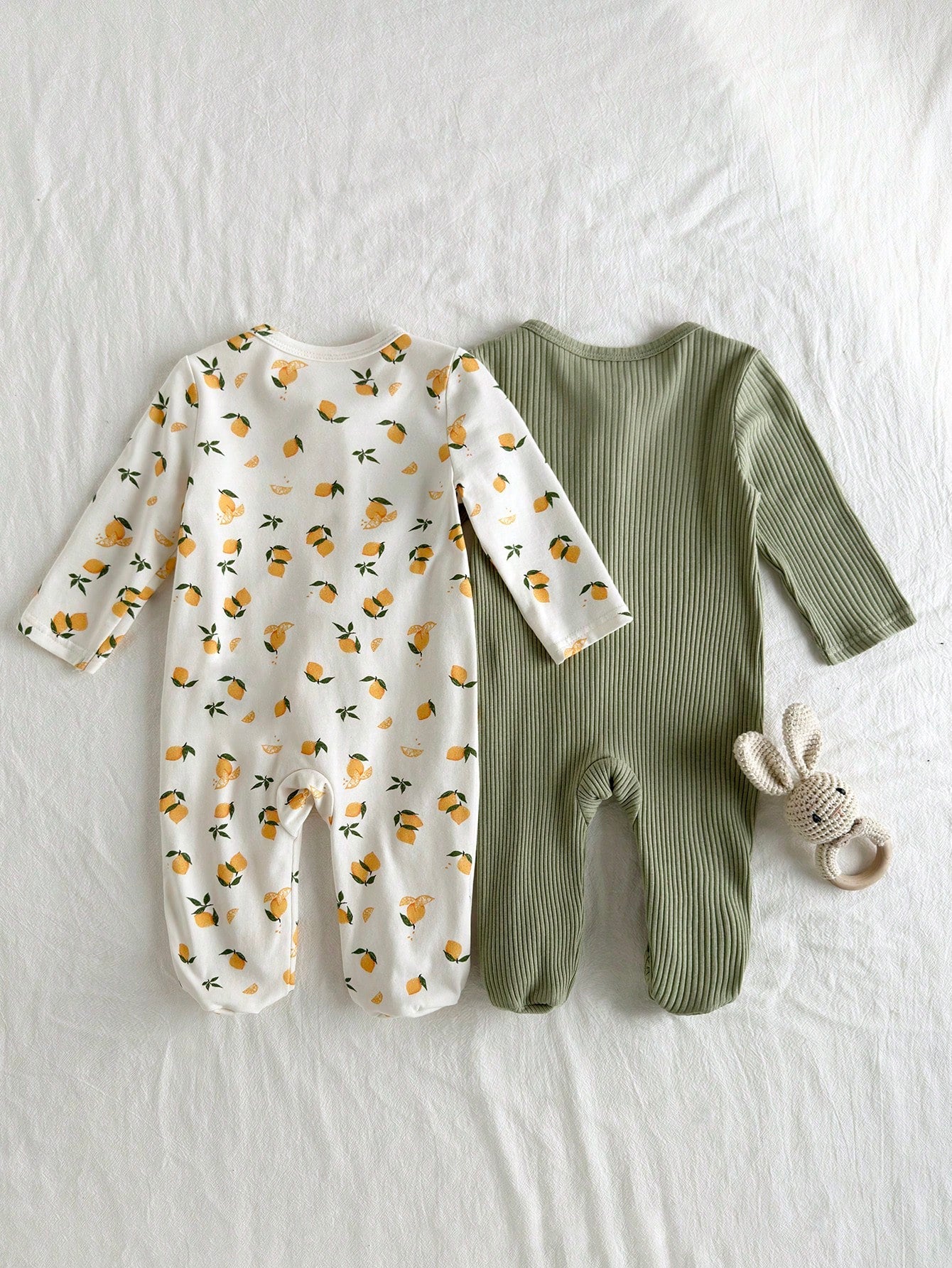 Loomiva Newborn Baby Lemon Print Solid Color Soft Knit Crew Neck Long Sleeve Jumpsuit And Pants
