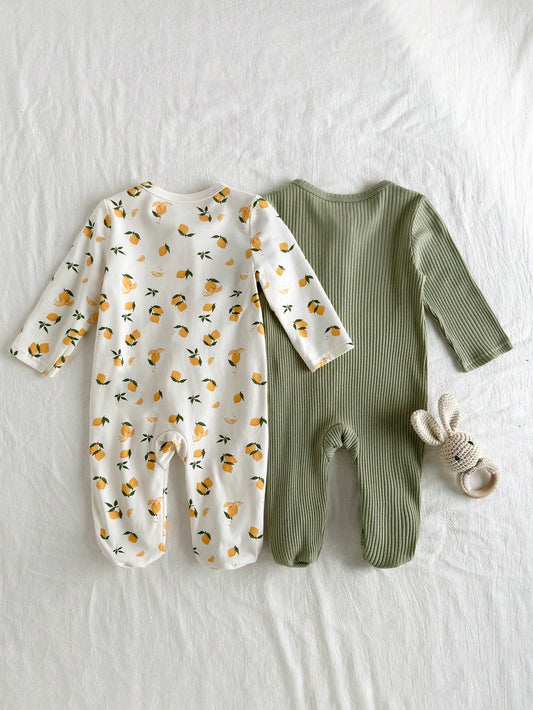 Loomiva Newborn Baby Lemon Print Solid Color Soft Knit Crew Neck Long Sleeve Jumpsuit And Pants