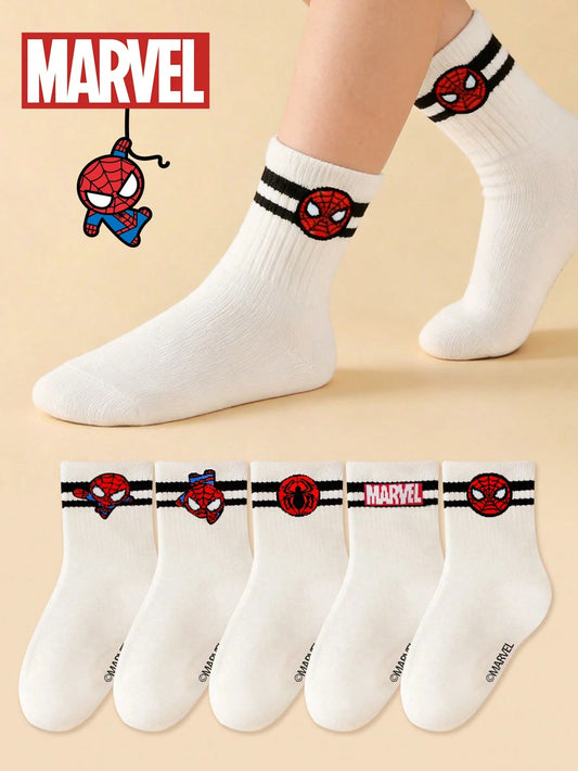 Marvel 1/5/10 Pairs Striped White Children's Socks, Cute Autumn/Winter Mid-Calf Socks